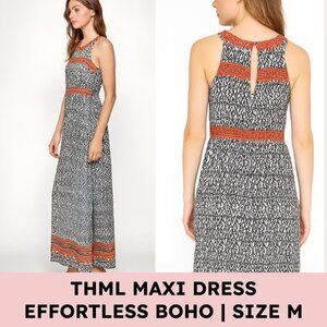 THML Boho Maxi Dress Black White Abstract Print Coral Embroidery Women’s M 8–10